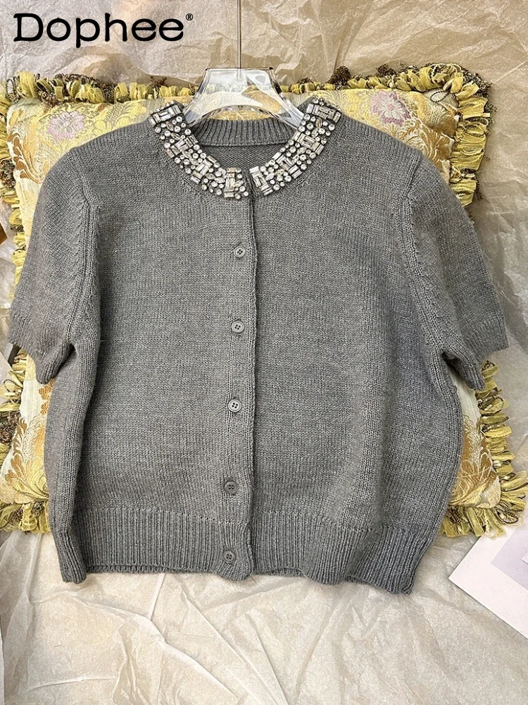 

Short Sleeve Knitted Cardigan Women Top 2023 Autumn Winter Heavy Industry Rhinestone Round Neck Retro Gray Cropped Sweater Coat