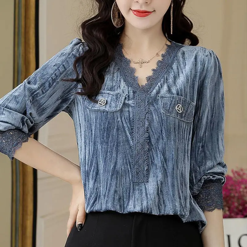 2023 Casual Solid Color Elegant V-Neck Lace Patchwork Shirt Spring Autumn Three-dimensional Decoration Stylish Hollow Out Blouse