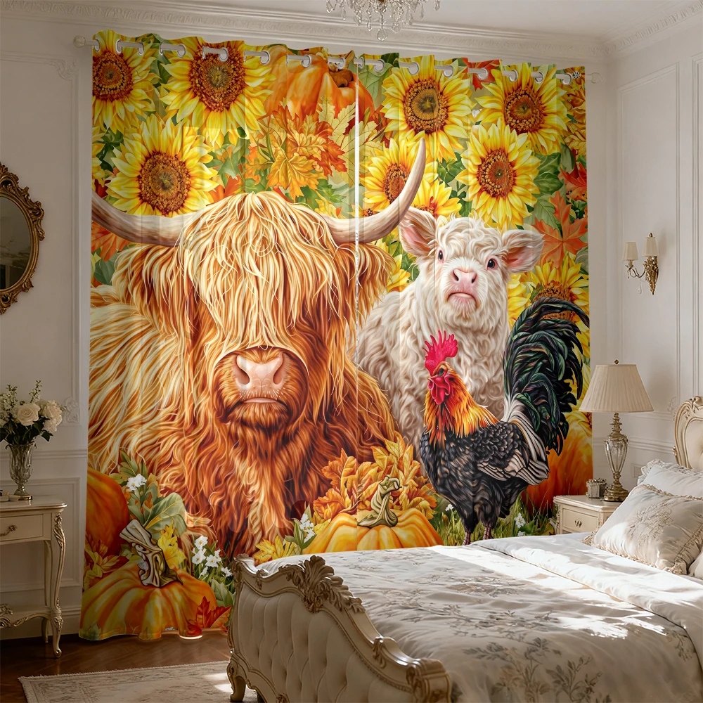 2pcs autumn farm animal sunflower pumpkin print double-sided curtains living rooms and bedrooms, perfect for blocking light