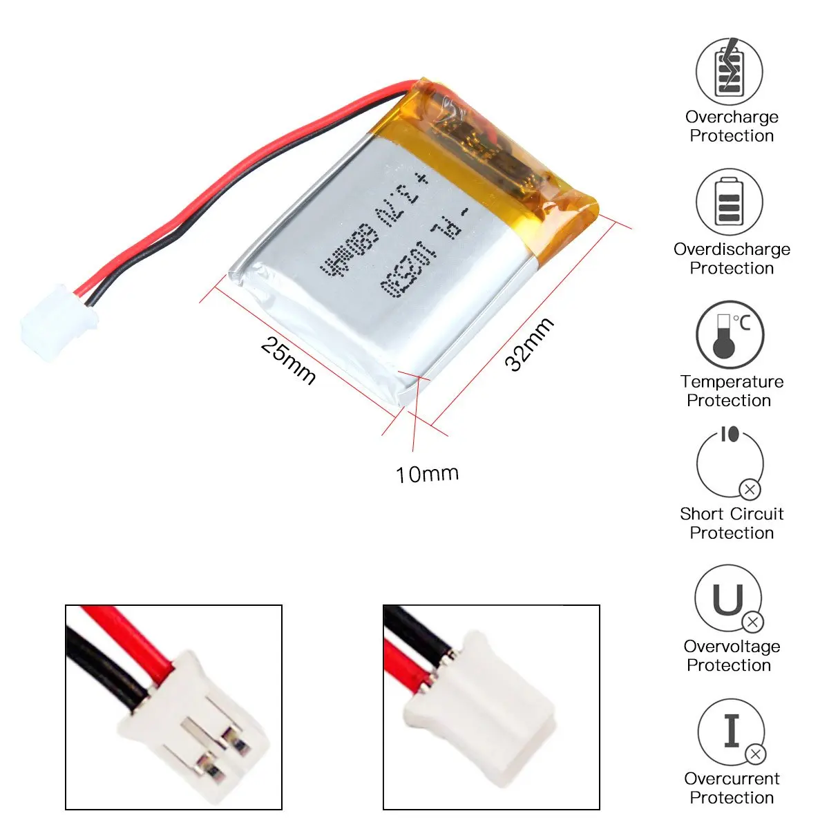 3.7V 680mAh 102530 بطارية ليثيوم بوليمر قابلة للشحن طول 32 مللي متر
