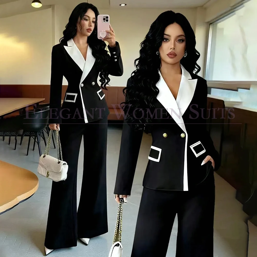 Luxury Black Women's Suits 2 Piece Jacket Pants Sets Tailor Made Office Lady Blazer Double Breasted White Peak Lapel Outwear