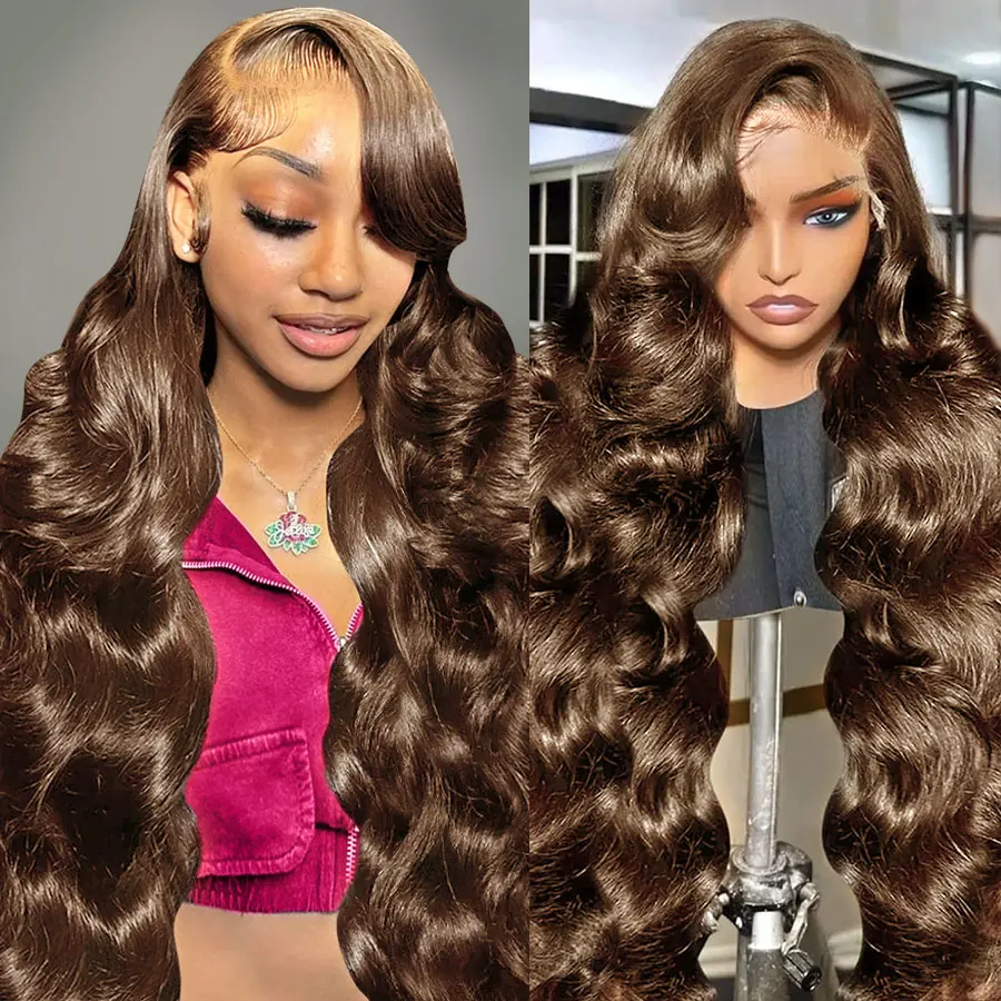 200% Chocolate Brown Body Wave 13x4 Lace Frontal Wig Brown Lace Front Body Wave Human Hair Wigs Bleached Pre Plucked Remy Wigs