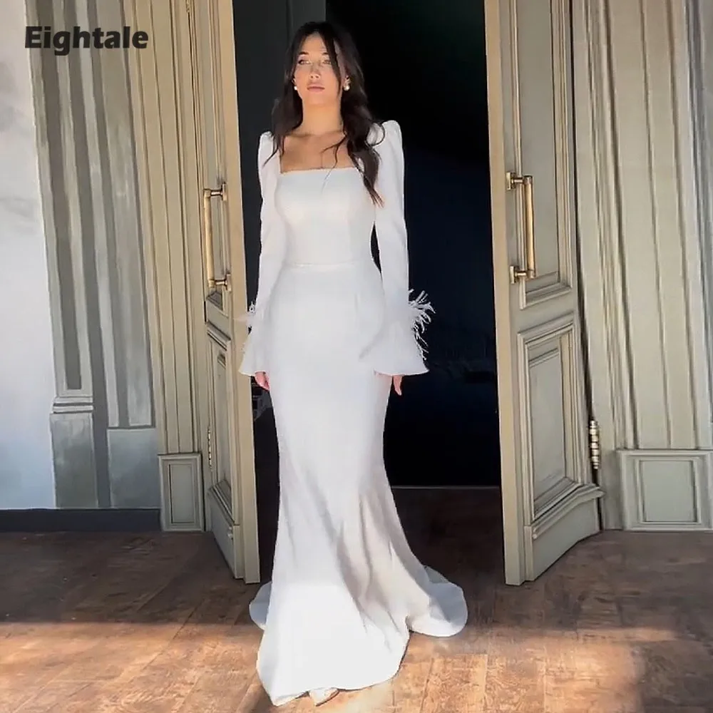 Eightale Arabic Wedding Dress Customized Ivory Strapless Bridal Gown Long Sleeves Feather Muslim Mermaid Bride Party Dress