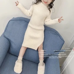 Autumn Winter KPOP Fashion Harajuku Sweet Girls Sweater Dress Solid Thick Long Sleeve Woolen Dress Kawaii Children's Clothing