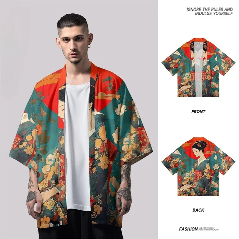 

Модный повседневный кардиган юката в японском стиле, кардиган с принтом гейши, кимоно, летний пляжный мужской и женский традиционный хаори, большие размеры