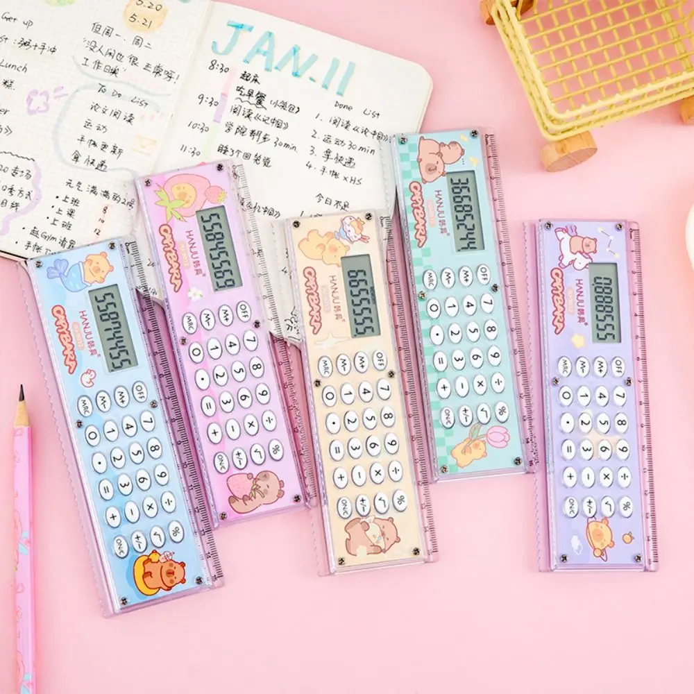 

New 8-digit Capybara Ruler Calculator with Silicone Button Mini Straight Ruler Silent Type Cartoon Straightedge Drawing Tool