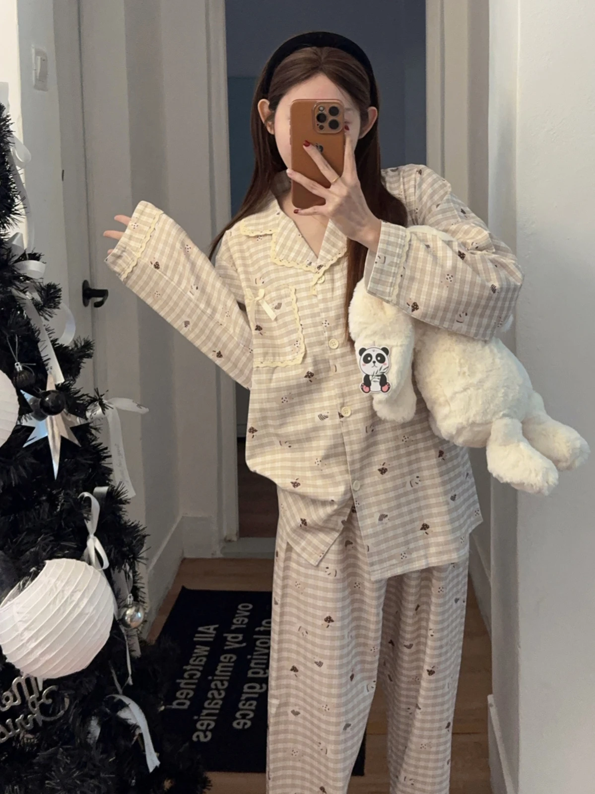 

Spring Autumn Plaid Long Sleeve 100% Cotton Pure Cotton Nightgown Women's Casual Lace Cartoon Cute Home Clothes