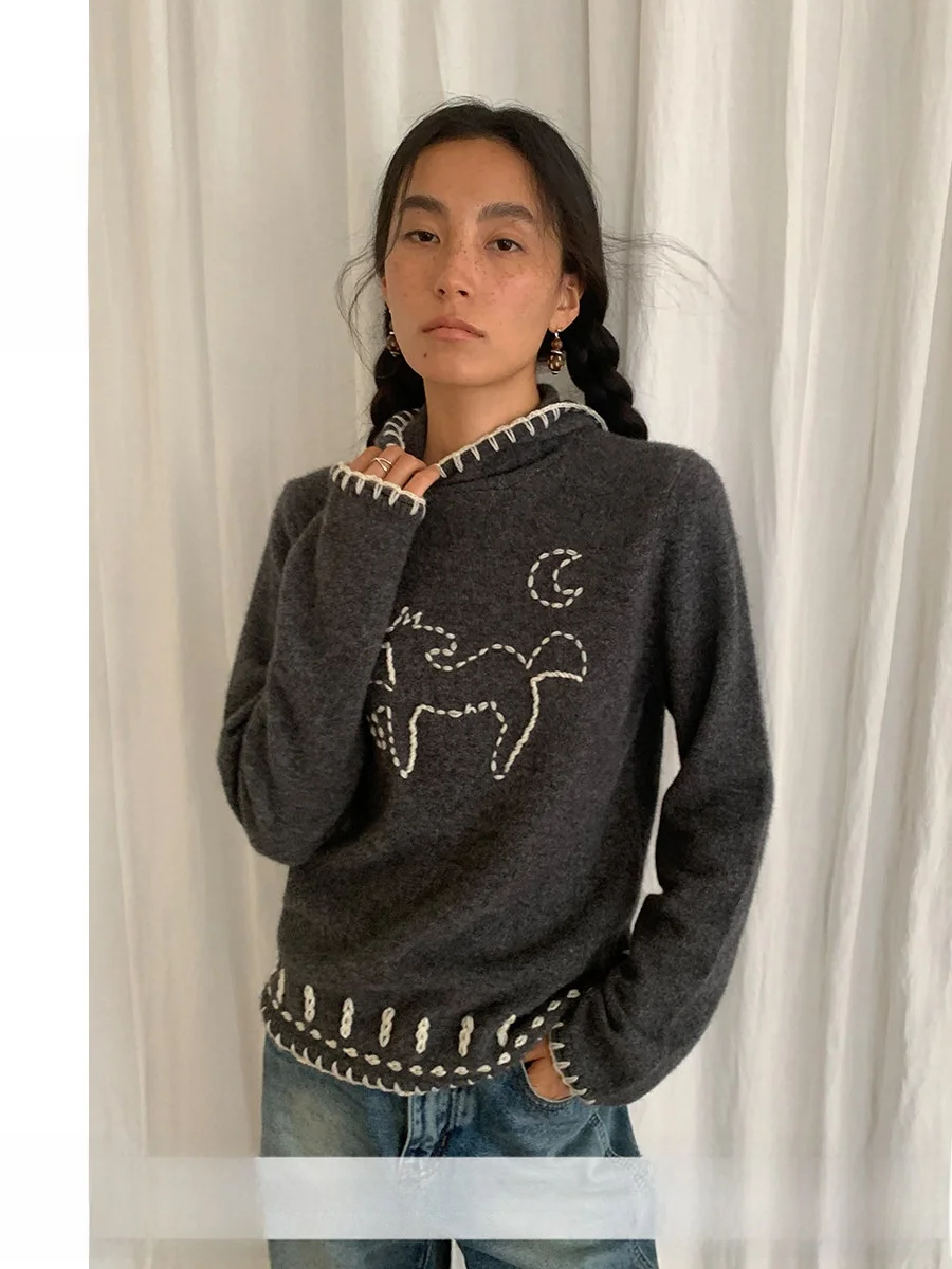 

TiaTia25 толстовка с лунной шляпой ручной работы, шерстяной длинный све, женский повседневный свитер, новый осенне-зимний вязаный свитер