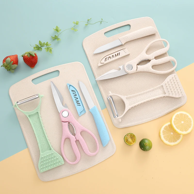Wheat Straw Cutting Board Four-Piece Set, Fruit Knife Set, Fruit Cutting Board, Kitchen baby Food Knives Household Peeler
