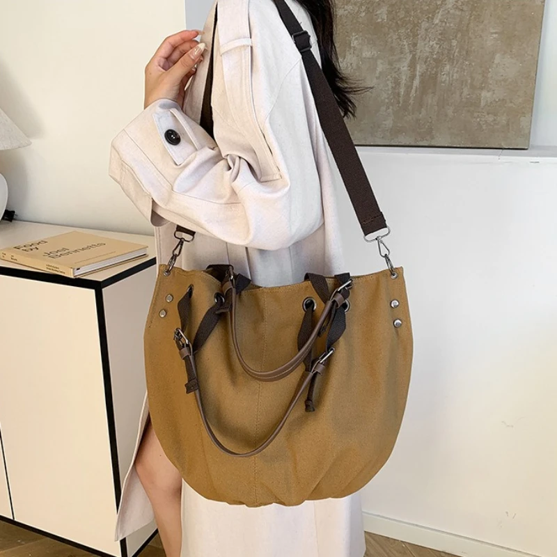 Large Capacity Vintage Canvas Top Handle Bags,Versatile Woman Shoulder Bag, Detachable Crossbody Strap,Casual Purse for Commuter