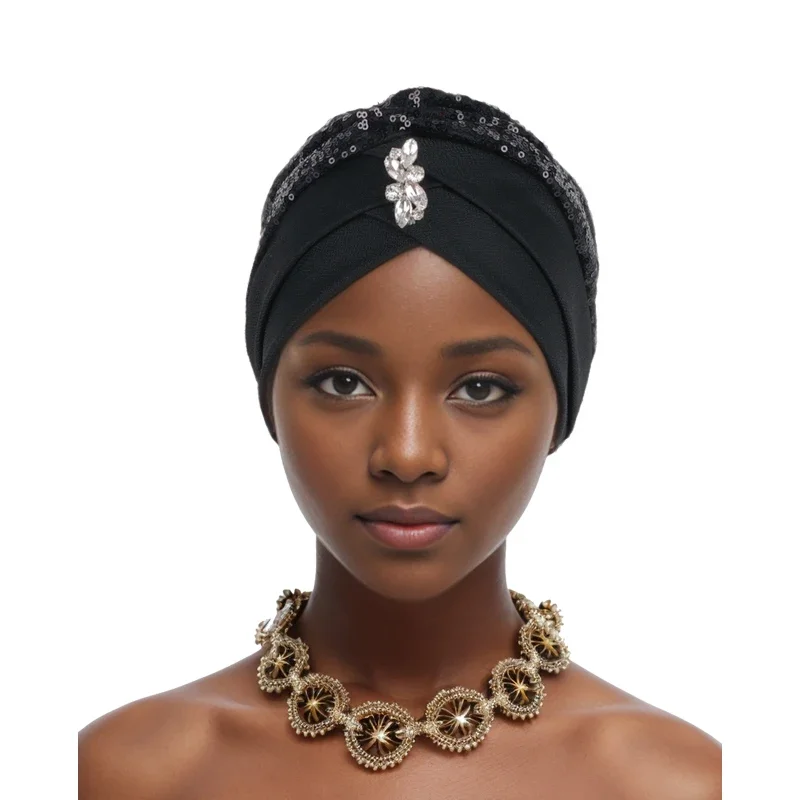 Cross Forehead Wrap Head Bonnet Muslim Headscarf Cap Lady Headwrap Hat Turbante Mujer Sequins Turban Cap for Women