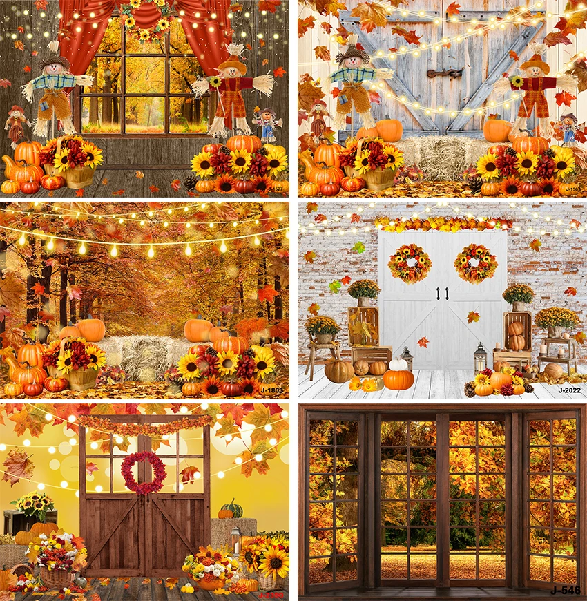 Autumn Halloween Backdrop for Photography Bumper Harvest Pumpkins Maple Leaves Vintage Brick Wall Photo Background Photocall