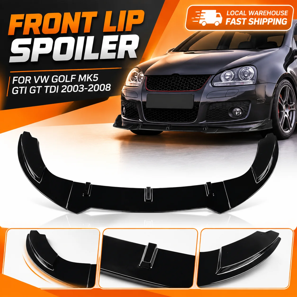 Frontstoßstange, Frontlippe, Frontspoiler-Karosserie-Kit für Volkswagen Golf MK5 GTI GT TDI 2003-2008, glänzend schwarzer Frontsplitter