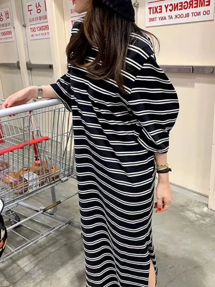 Chic rayé T-shirt Dr femme ample rond Ne Bubble Sve longue coupe droite fente latérale a-ligne été coton Dr