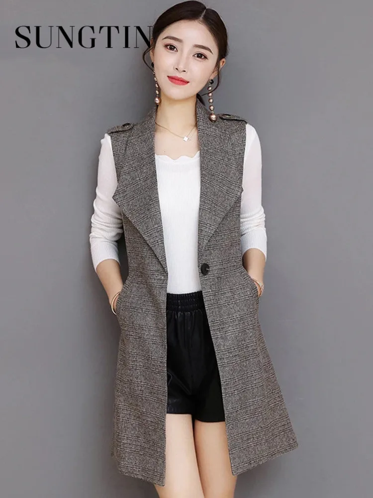 Sungtin Classic Plaid Long Blazer Vest Women Sleeveless Jacket Elegant Office Lady Coat Female Waistcoat Causal Suits Y2K