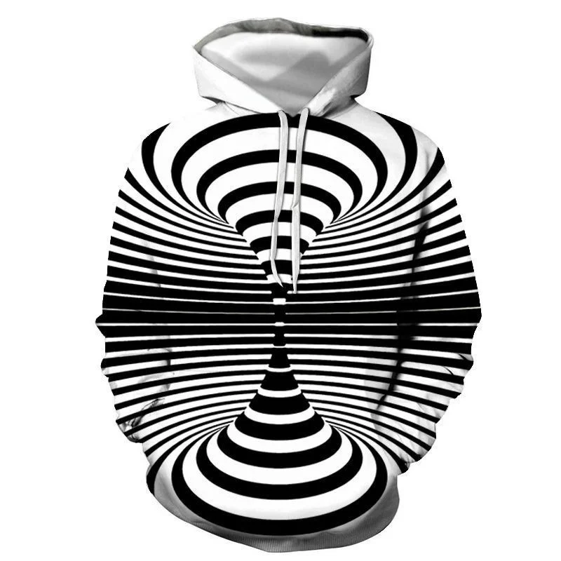 Black White Visual Dizziness Hoodies For Men 3D Printed Personalized Abstract Pattern Pullover Streetwear Fashion Casual Jacket