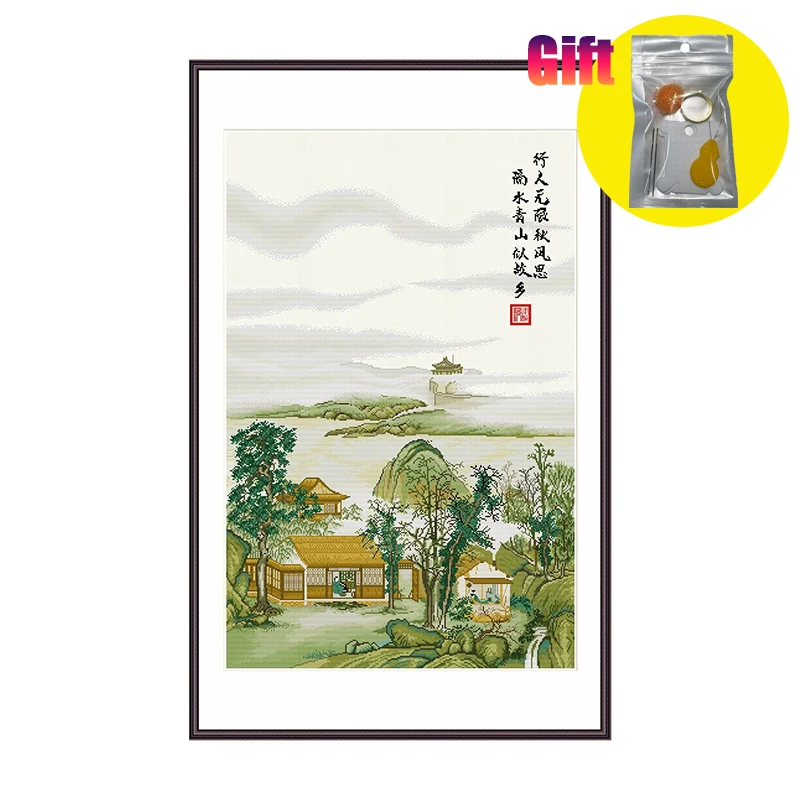 DIY Cross Stitch Kits, Landscape of Chinese Classical Paintings, Mountains, Pavilion Printed Canvas, Embroidery Kit