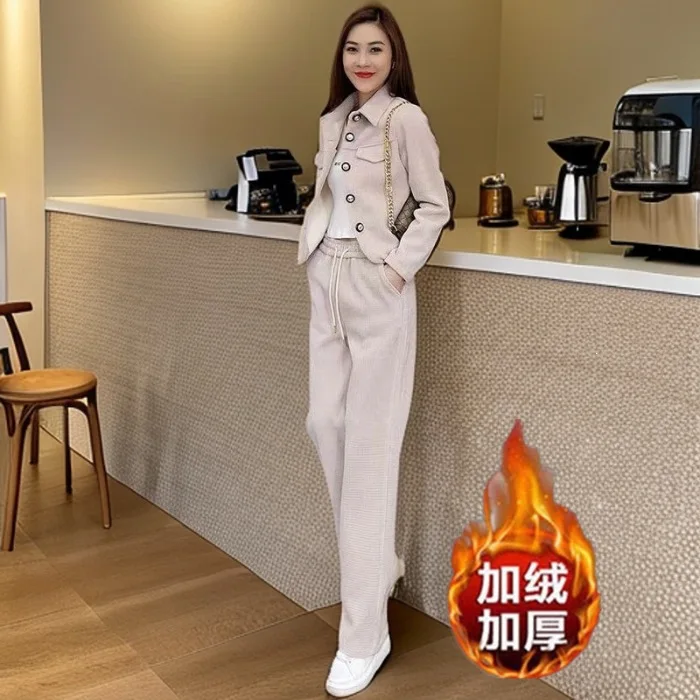 Thickened Fleece Warmth Autumn Winter Leisure Sports Wear Open Cardigan Outerwear Wide Leg Pants Two Piece Set Trendy Style