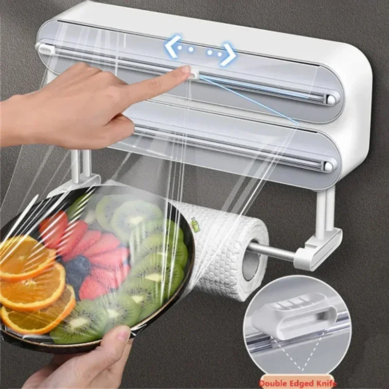 3 In 1 Aluminum Film Wrap Cutter WallMount Paper Towel Holder Cling Film Cutting Holder Plastic Wrap Dispenser Kitchen Organizer