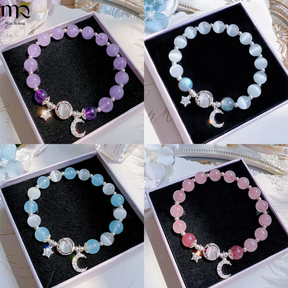 Summer Decor Opal Stone Bracelet Crystal Diamond Bangle Elastic Rope Star Pendant Lucky Bell Charm Women's Jewelry