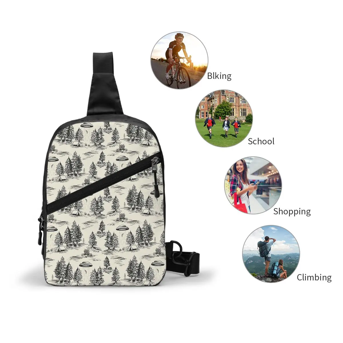 Black Alien Abduction Toile De Jouy Pattern Chest Bag Men Sling Crossbody Backpack Chest Bag Hiking Daypack Shoulder Bag