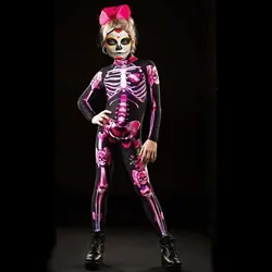 Female Ghost Bride Jumpsuit Printed Skeleton Rose Dressup Costume Horror Theme Party Halloween Girls Trendy Parent-Child Costume