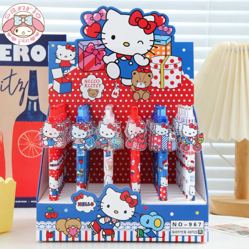 Sanrio 48pcs/Set Gel Pen New Cartoon Cat Round Beads By Writing 0.5mm Black Stationery Signature Writing Stationery Boxed
