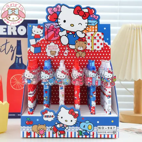 Sanrio 48pcs/Set Gel Pen New Cartoon Cat Round Beads By Writing 0.5mm Black Stationery Signature Writing Stationery Boxed