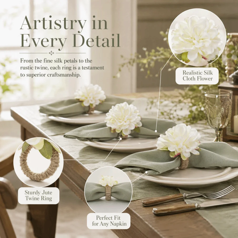 6pcs Silk Cloth Artificial Flower Napkin Rings White Handmade Loop Floral Napkin Rings 3.15×2.95in Handicraft Napkin Rings
