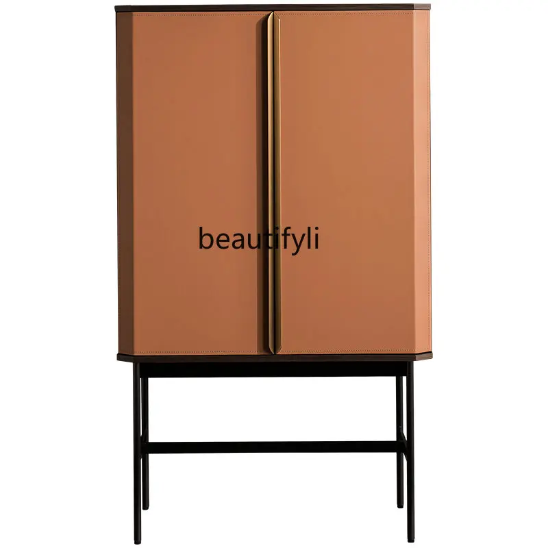 

Light luxury saddle leather wine cabinet, stainless steel minimalist partition cabinet, living room floor storage cabinet