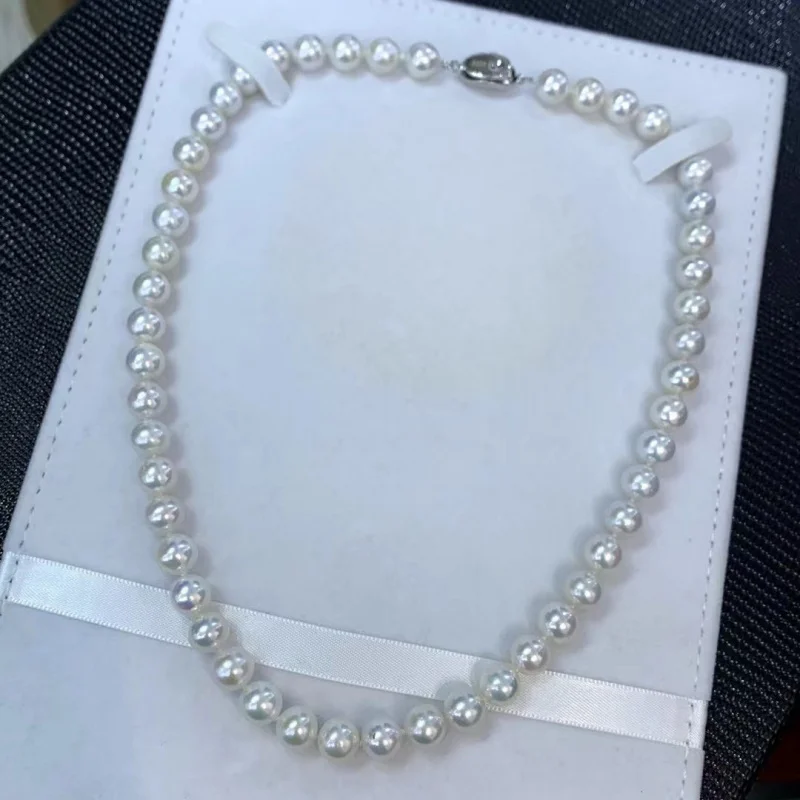 Cool White Light 8-9mm Natural Pearl Necklace, Versatile Everyday Wear, Mom, Personal Style