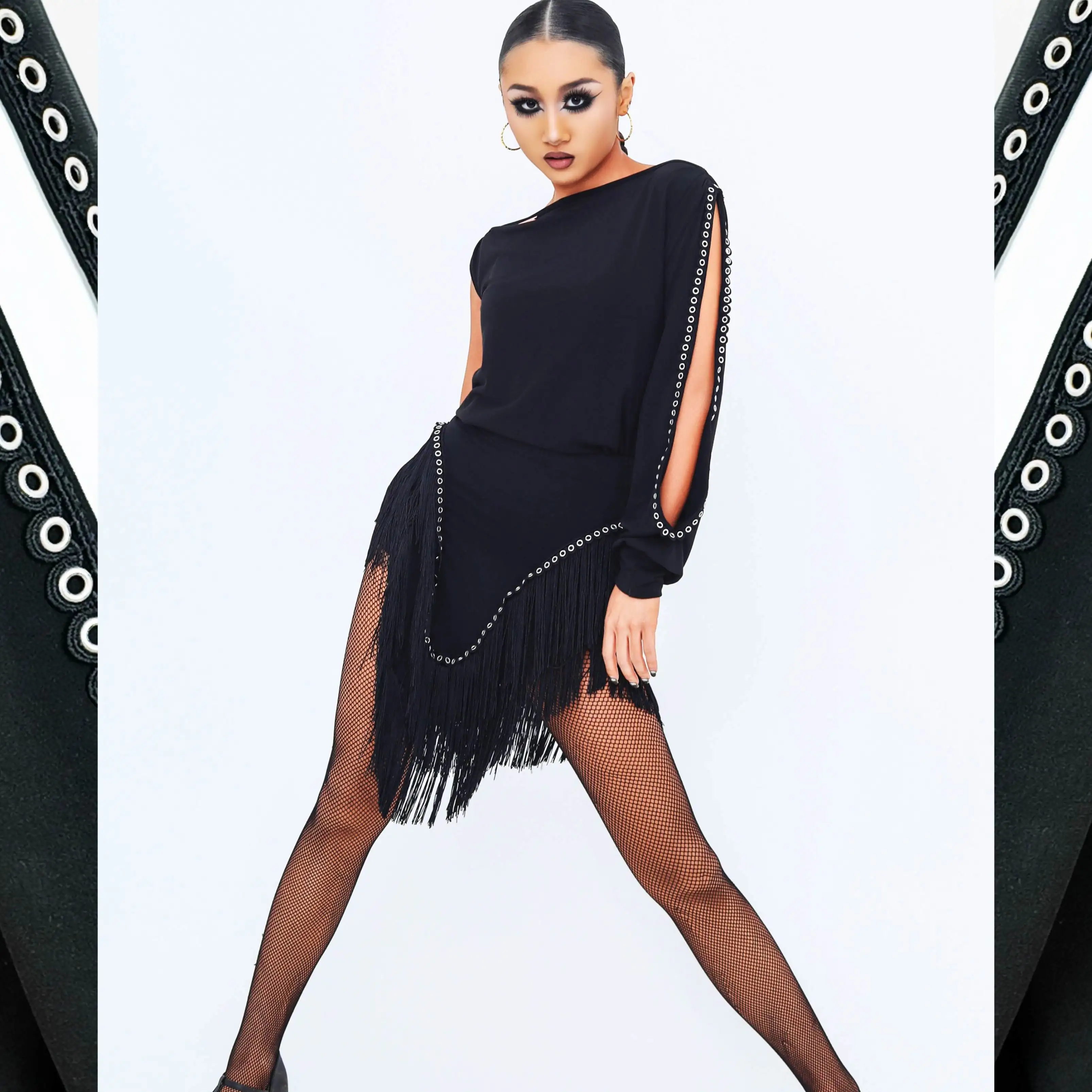 디자인 센스 라틴 댄스 의상 성인 여성 블랙 탑 프린지 스커트 룸바 삼바 연습복 대회 드레스 SS1004