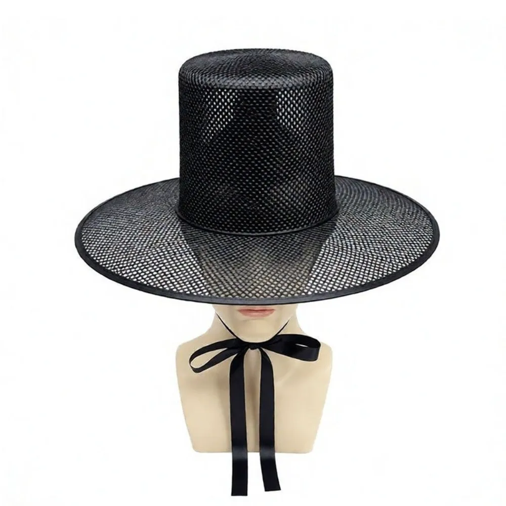 Lightweight Traditional Korean Gat Hat Black Mesh Adjustable Flat Topper Hat Wide Brim Square Top Joseon Dynasty Hat