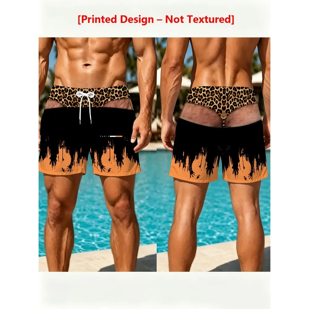 Men Funny Optical Illusion Swim Trunks Leopard Fake Thong Boardshorts Dripping Zombie Hand Print Beach Shorts
