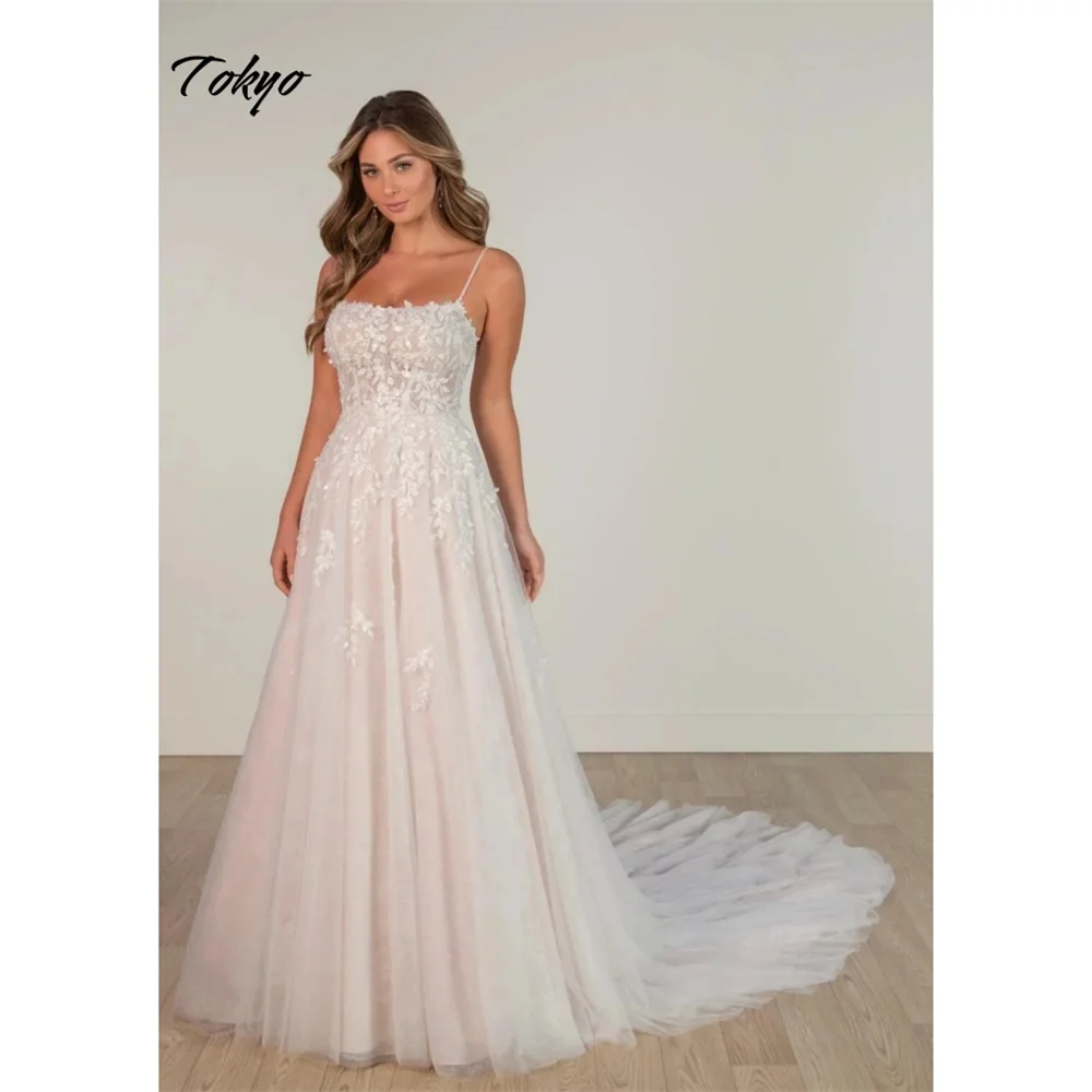 Tokyo Customized White Spaghetti Strap Wedding Dresses Sleeveless Back Zip A-Line Bridal Gown Tulle Court Train Wedding Gown
