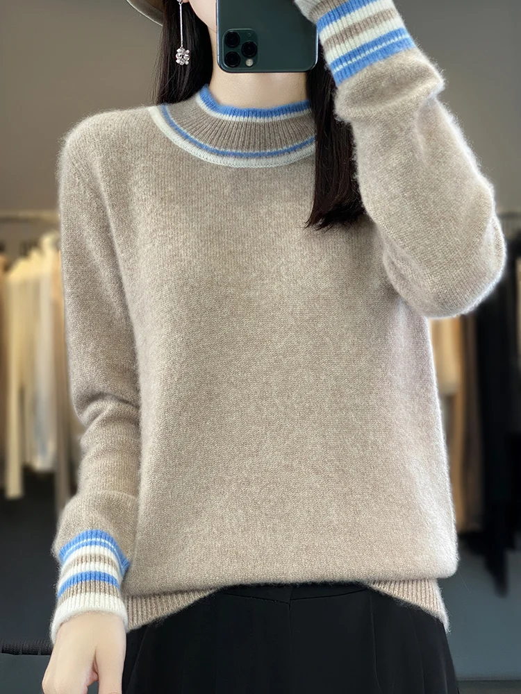 100% Wool Knitted Pullover Women\'s New Tops Autumn Winter Half Turtleneck Bottom Shirt Fashion Loose Stripe Woolen Sweater Thick