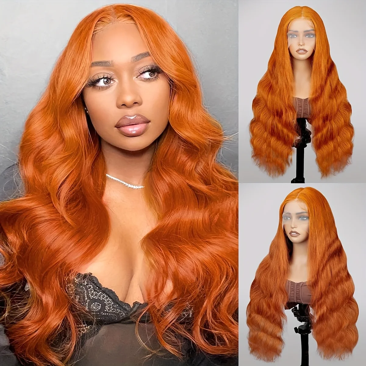 

13x4HD передний парик шнурка, человеческие волосы, объемная волна, рыжий оранжевый парик фронта шнурка, плотность 200%, предварительно пропитанный цвет детских волос, парик