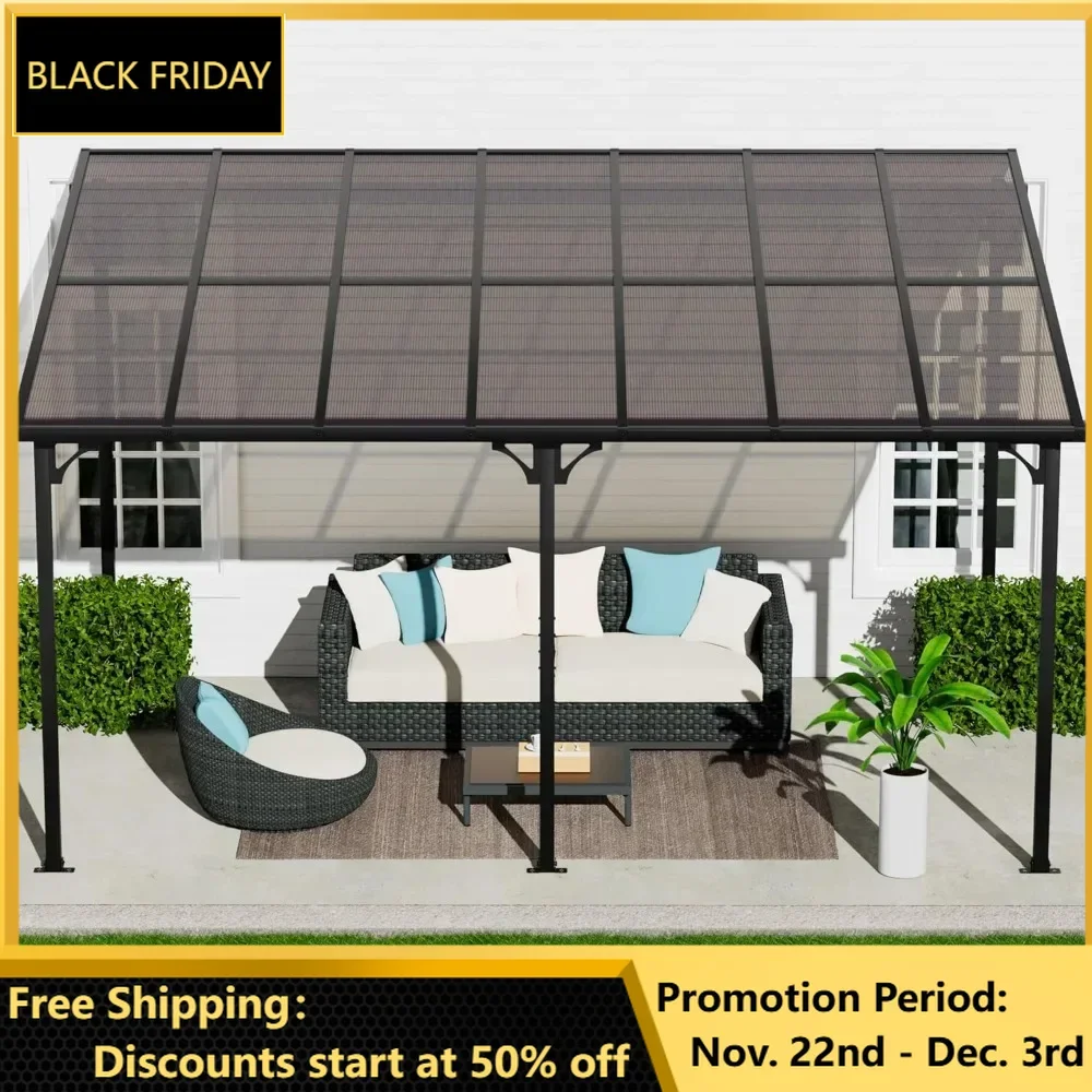 14' X 10' Wall Mounted Lean To Gazebo Pergola, Outdoor Hardtop Pergola with Roof, Large Heavy Duty Metal Awnings, Pergolas