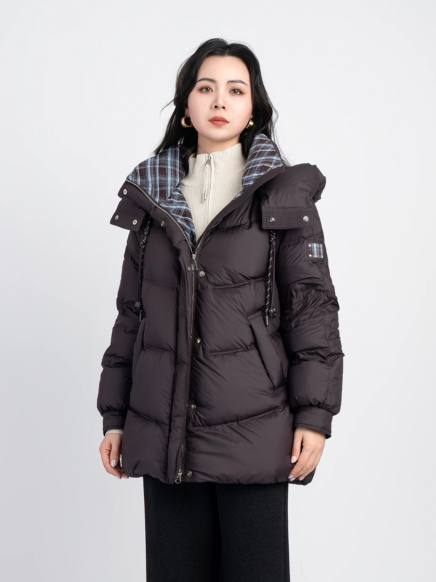 

Casual Sle Women's Mid-Length Hooded down Jaet Plaid Color Blo Warm Lightweight Du Feather Coat for Winter Season