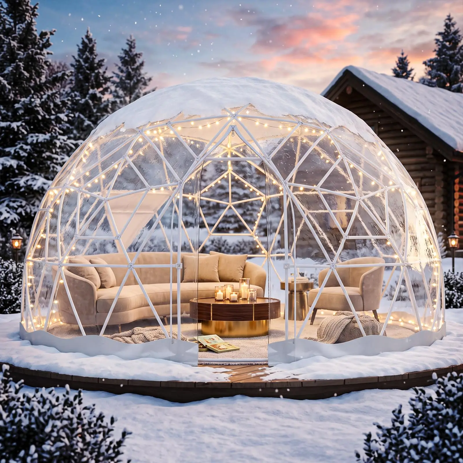 12.5FT Garden Dome Tent, Clear Bubble Tent House with TPU Clear Cover & 2×33Ft String Light, Geodesic Dome enhouse with