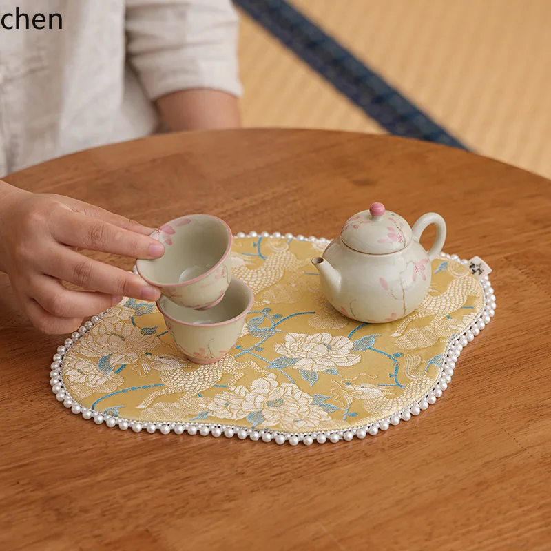 Zml embroidered pearl-trimmed begonia tea mat - new chinese style,, table runner, tea table accessory, tea ceremony component