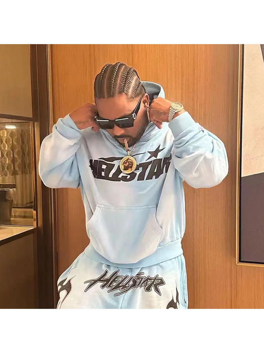 

Hellstar Studios Fire Blue Hoodie Heavy Waed Overhead Sweatirt Trendy Straight Leg Fit for Young Men Autumn Winter