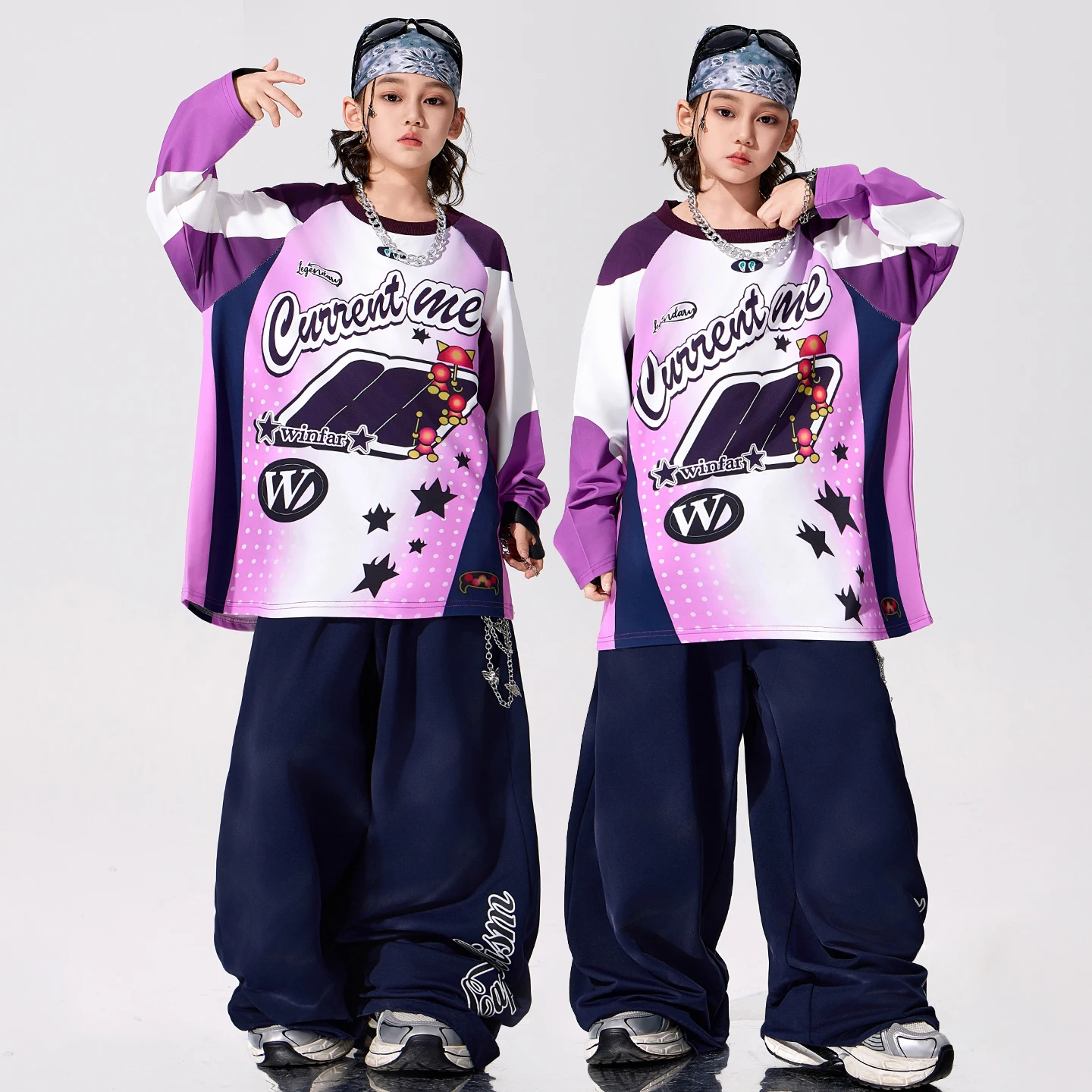 

Детская одежда в стиле хип-хоп, топы с фиолетовым принтом, темно-синие брюки-карго с граффити для мальчиков, уличные костюмы, одежда для групповых джазовых танцев для девочек