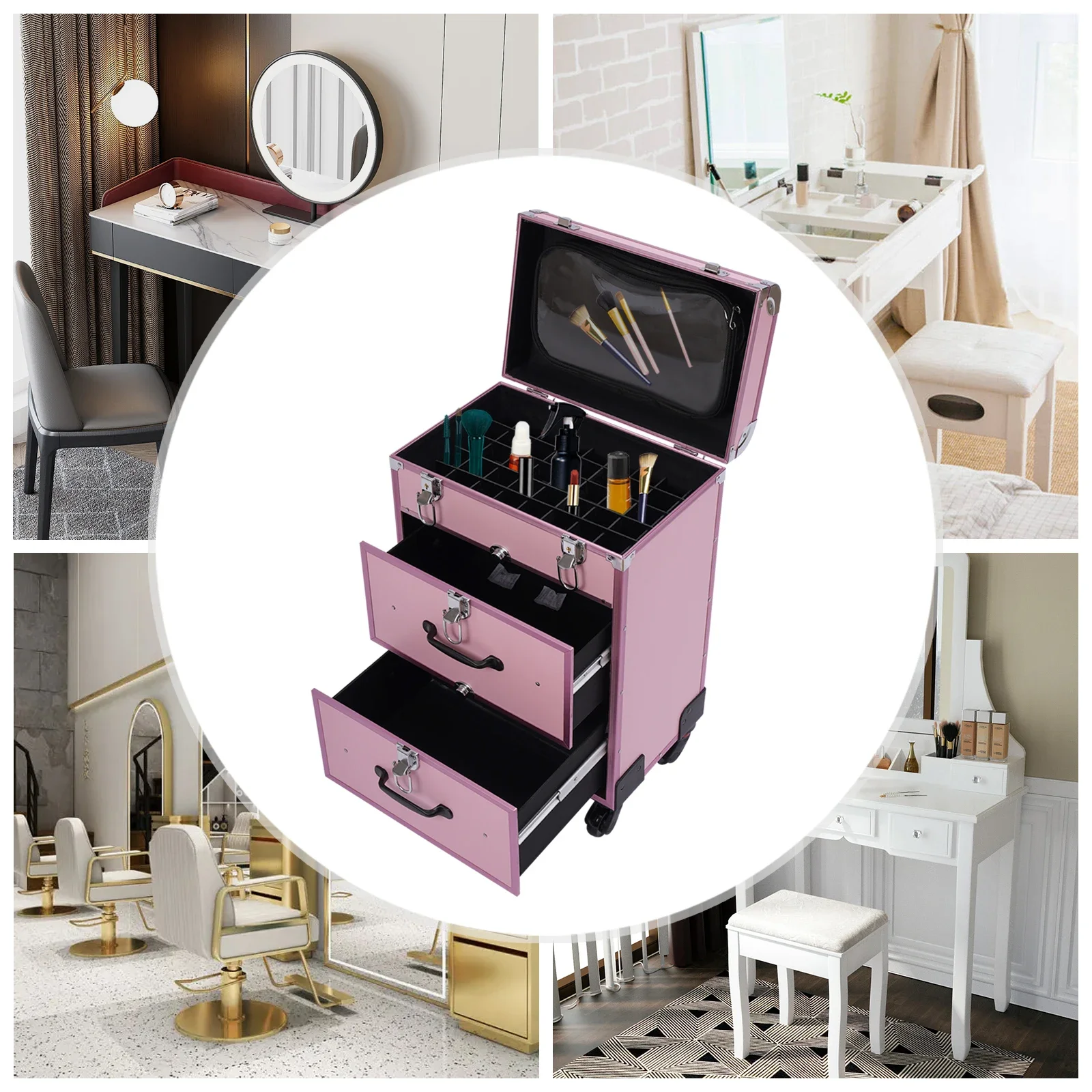 

Rolling Makeup Train Case on Wheels 3 Tier Travel Cosmetic Bag Lockable Organizer Box for Nail Art Beauty Salon Barber