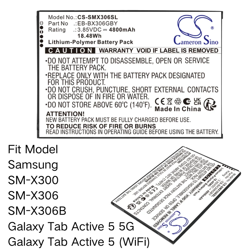 Tablet Battery Fits Samsung SM-X300 SM-X306 SM-X306B Galaxy Tab Active 5 5G 4800mAh / 18.48Wh