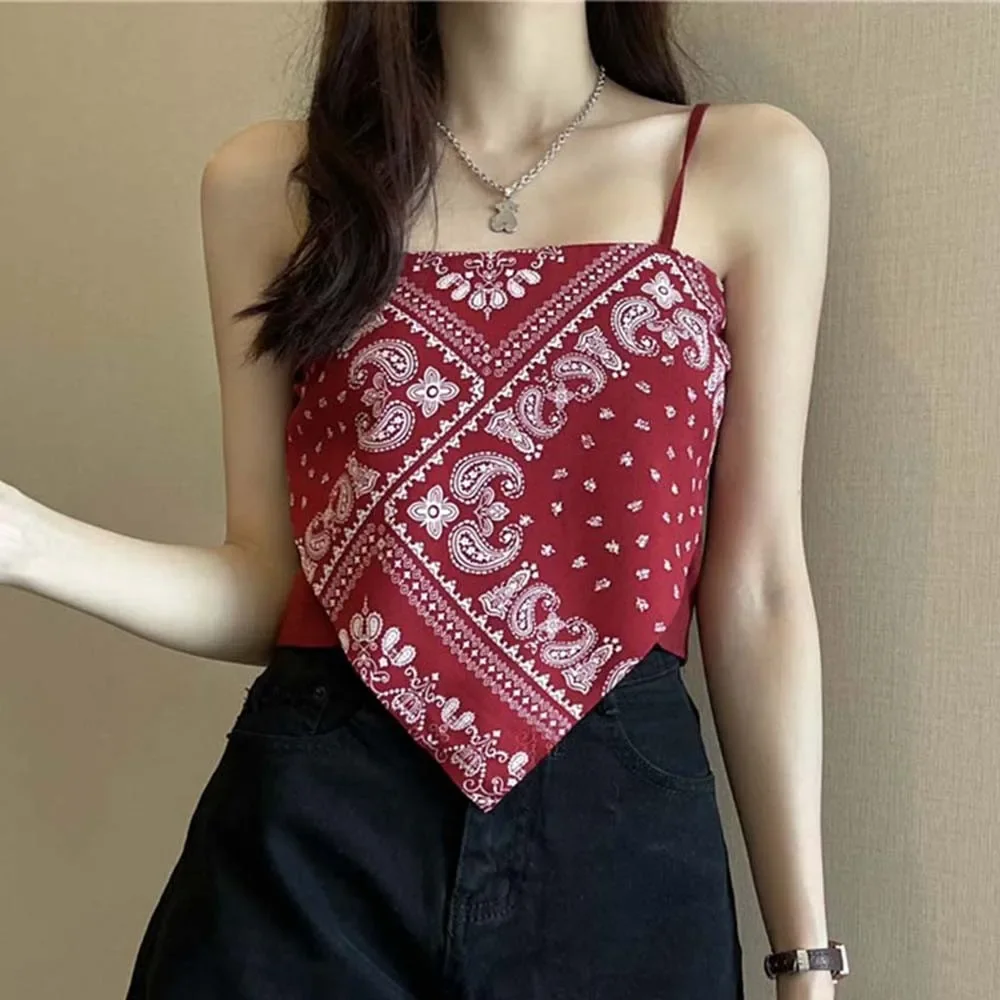 

Women Sexy Fashion Satin Tie Back Knot Spaghetti Bandana Tube Crop Top Print Sleeveless Vest Blouse Basic Plain Camisole Summer