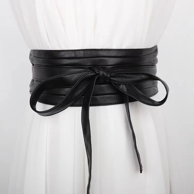 سينون المرأة بولي Leather الجلود قابل للتعديل التعادل عقدة غير جلخ بطانة حزام أنيق أسود Cummerbunds للفساتين والملابس