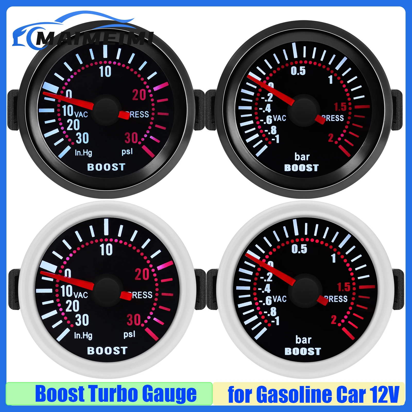 

White LED 2" 52mm Universal 12V LED Smoke Len -1~0~2BAR Turbo Boost Gauge Meter -30~30PSI Turbo Boost Meter for Gasoline Car 12V