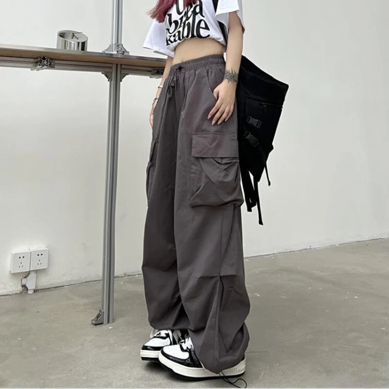 Casual Joggers Cargo Pants Women Solid Low Waist Pants Drawstring Wide Leg Baggy Trousers Y2k Streetwear Oversize Sweatpants