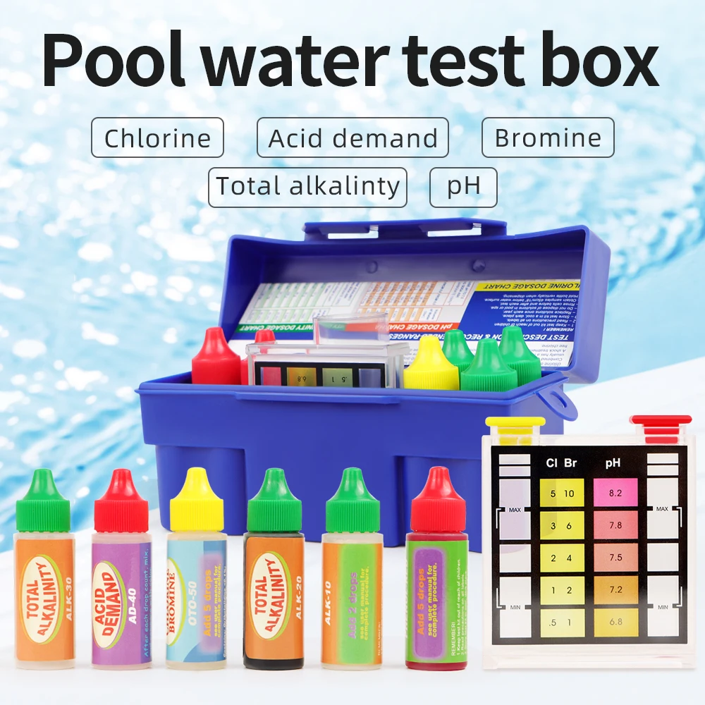 Pool Water Test Kit Chlorine Ph Bromine Alkalinit Acid Demand 5-Way Test Kit Inspection Liquid Water Quality Component Test Box